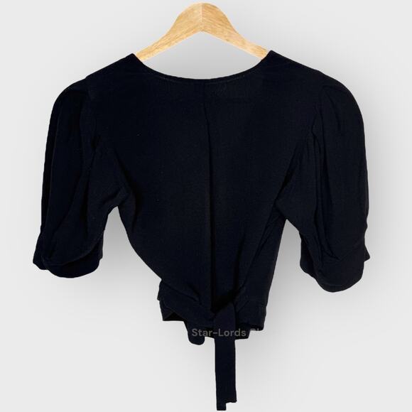 Reformation Finley XS Black Ruffle Wrap Top Cropped V-Neck Feminine French Girl - Picture 8 of 9